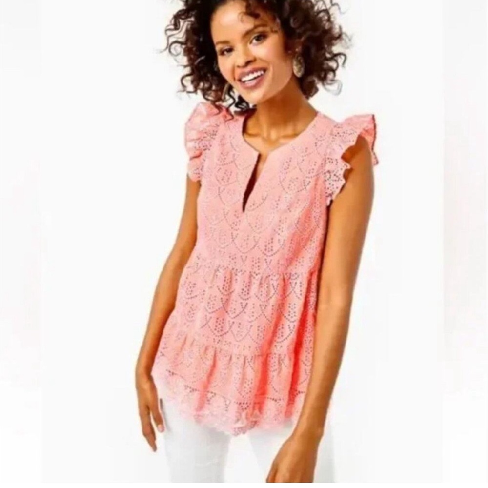 NWOT Lilly Pulitzer Keila Top Peach Hyacinth Floral Arch Eyelet size 2